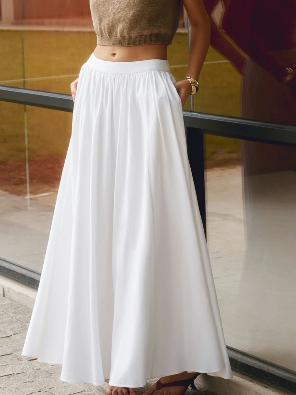 COMMENSE Cotton Pleated Maxi Skirt White NWT Pockets Lined zipper Small